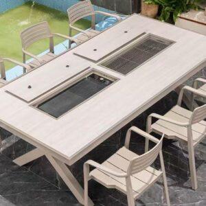 6'7"Light Wood Built-in BBQ charcoal grill and electric stove table