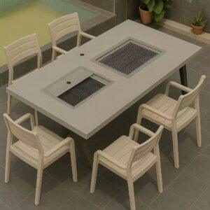 6'2"Deep Wood Built-in BBQ charcoal grill and electric stove table
