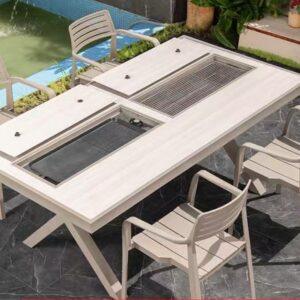 6'2" Light Wood Built-in BBQ charcoal grill and electric stove table
